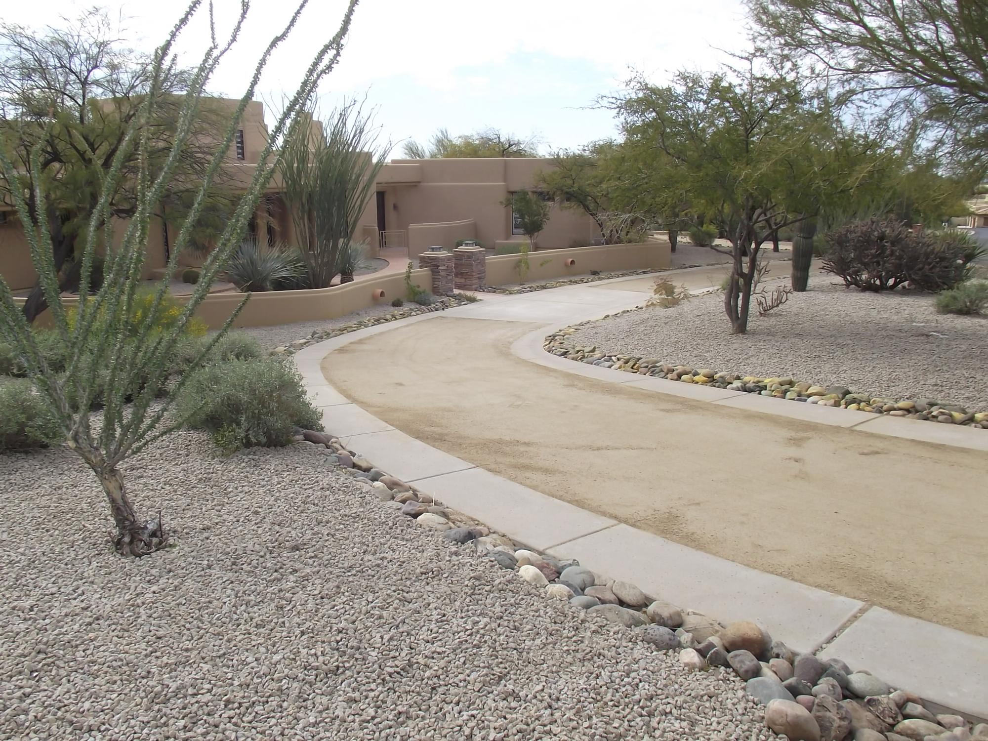 Decomposed granite front yard and driveway with desert plants at an Arizona home