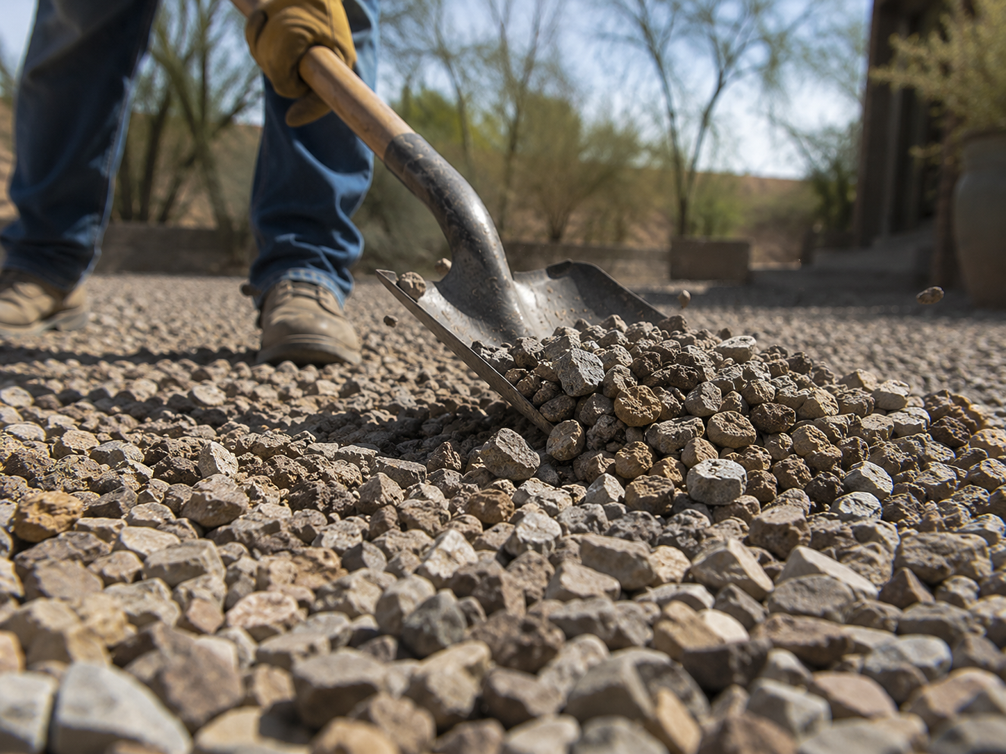 Freshly replenished landscape gravel on an Arizona property by Rock Spreaders