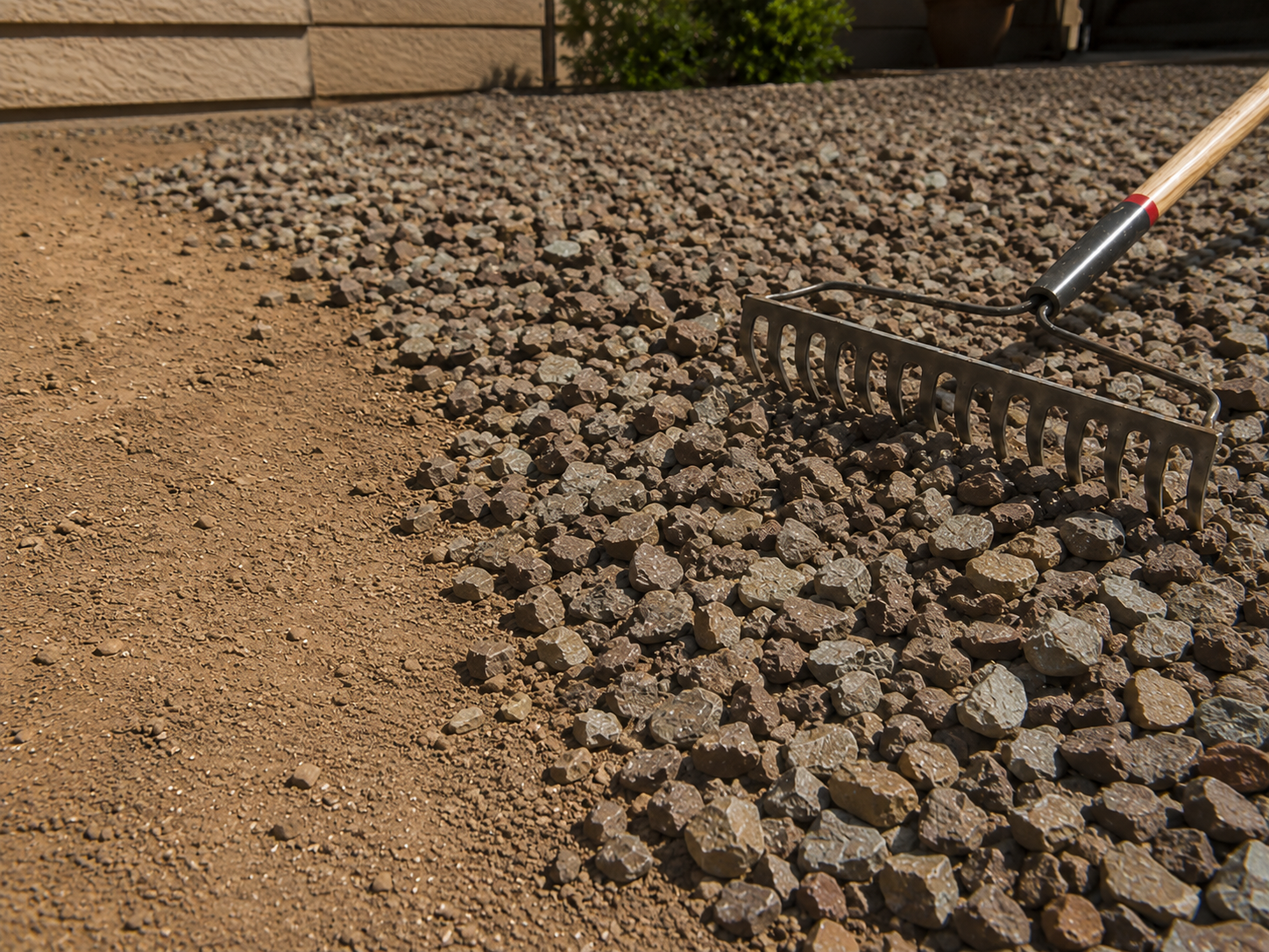 New decorative rock installation on a freshly graded Arizona yard by Rock Spreaders