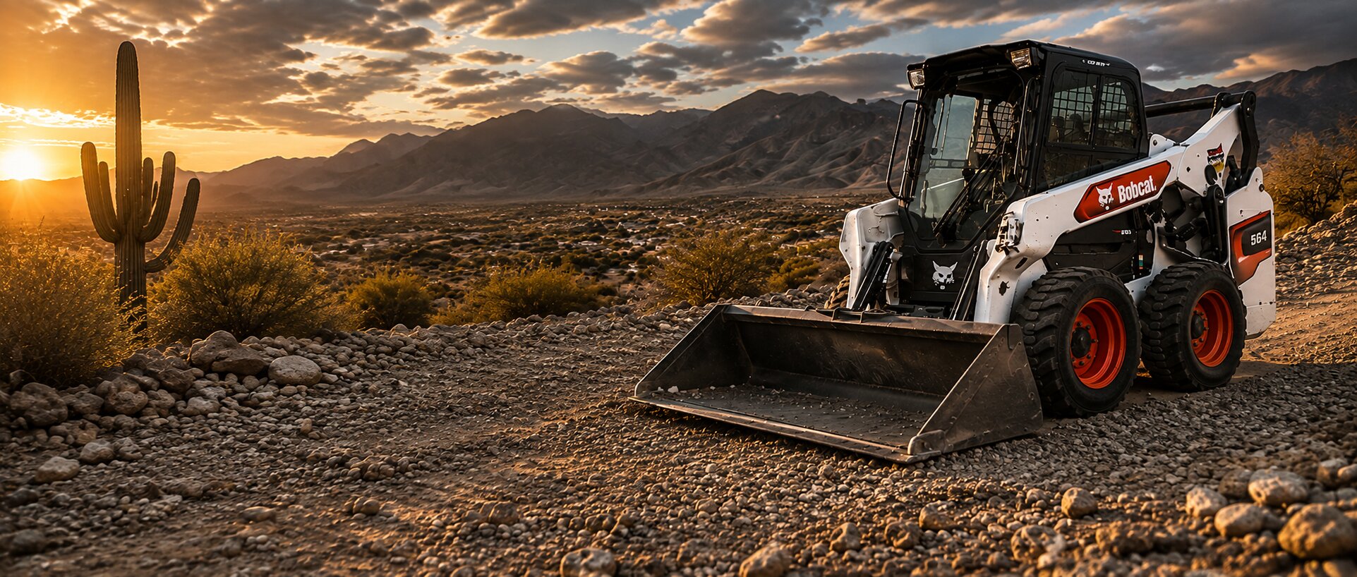 Rock Spreaders Bobcat skid-steer on fresh landscape gravel in the Arizona desert at sunset